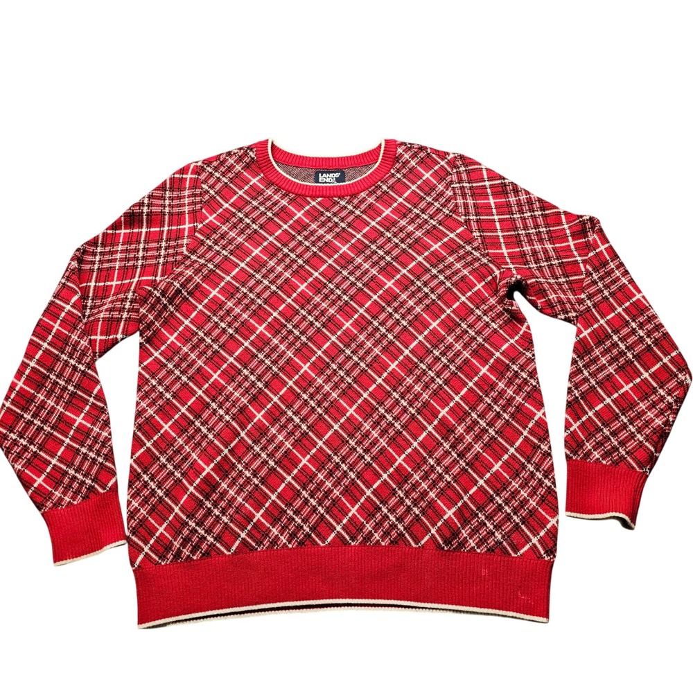 Lands End Plaid Crewneck Sweater Womens S 6-8 Red White Black Knit Holiday Top